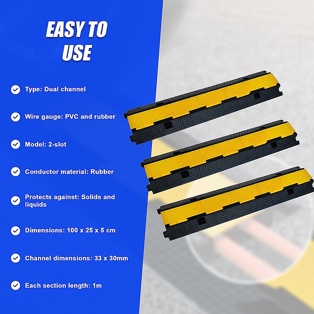 3pcs 2-Cable Rubber Electrical Wire Cover Heavy Duty Protector Dual Channel